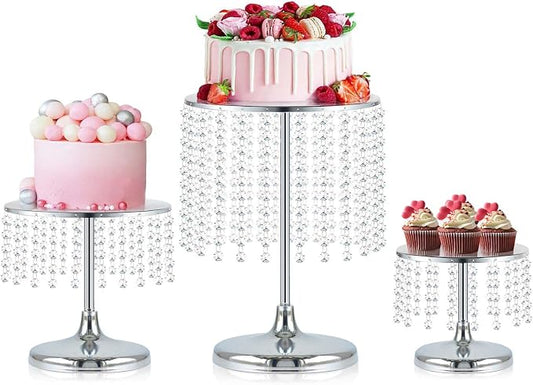 Metal Mirror Cake Stand Set with Crystal Pendants - Elegant Dessert Table Display for Weddings, Birthday Parties, Baby Showers, Events - Sturdy Crystal Bling Cupcake Stands for Pastries, Sweets, Decorations (Silver, Set of 3)