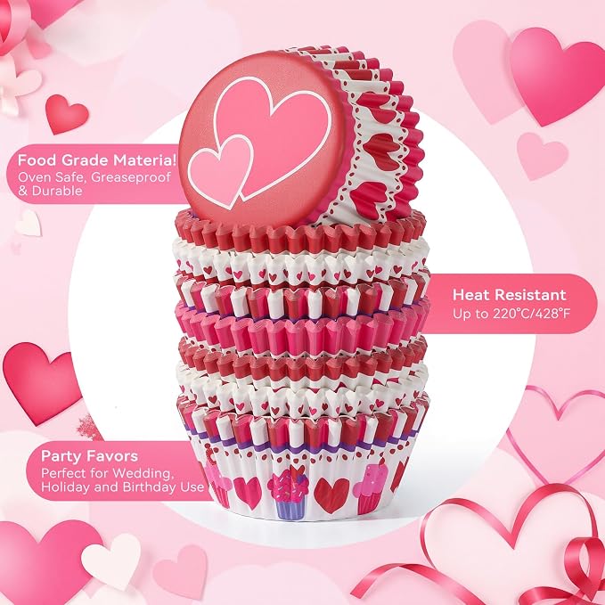 Standard Cupcake Liners 100 Pack, Colorful Paper Baking Cups Hearts Food Grade Disposable Cupcake Wrappers Muffin Liners for Valentine's Day Tea Themed Party Baking Decor