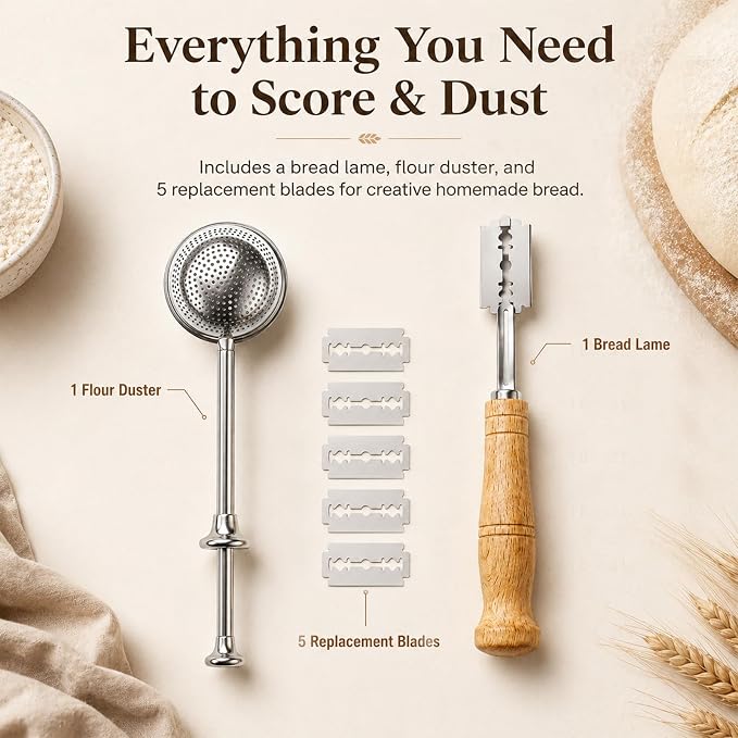 Bread Lame and Flour Duster Sets, 304 Stainless Steel Bread Scoring Tool | Ergonomic Handle, Sharp Blades, 5 Razor Blades and Leather Cover, Perfect for Home Bakers to Make Homemade Bread