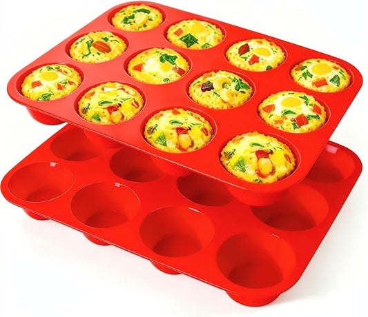 Silicone Muffin Pans for Baking Nonstick 2 Pcs, 12 Cup Regular Cupcake Pan, Food-Grade Silicone Baking Molds for Cupcakes, Egg Bites, Freezer, Red