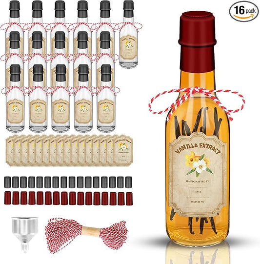 16 Pack 5 oz Glass Vanilla Extract Bottles with Lids, Labels, Shrink Bands & Funnel – Ideal for Syrup, Essential Oils, and Homemade Extract Gifting
