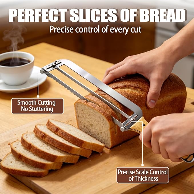 Adjustable Bread Slicer for Perfect Slices - Bread Knife for Homemade Bread with Thickness Guide - Premium Sharp Stainless Serrated Blade for Sourdough Baguettes Bagels Loaves - Gift for Artisan Baker