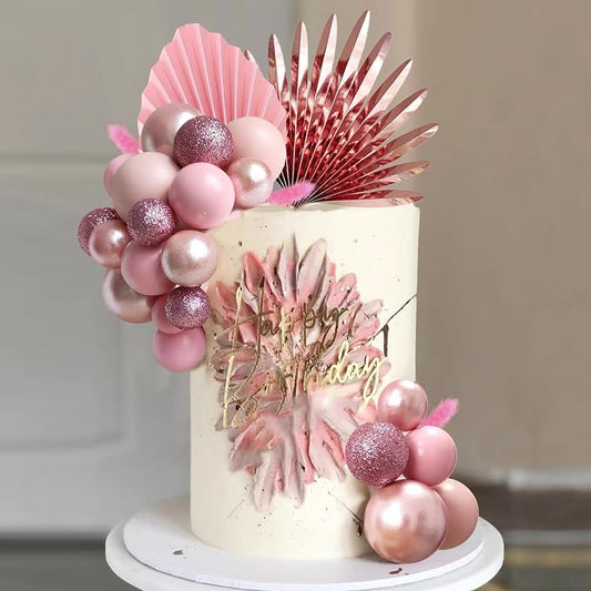 38 PCS Balls Cake Toppers Palm Leaves Cake Decorations for Birthday Wedding Baby Shower Party Supplies (Rose Gold)