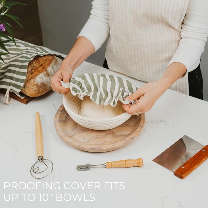 KIBAGA Beautiful Linen Bread Bag Set and Proofing Cover For Homemade Sourdough Bread - Keeps Your Loaf Fresh for Days - Reusable and Easy to Clean Storage Bag, The Perfect Baking Accessories