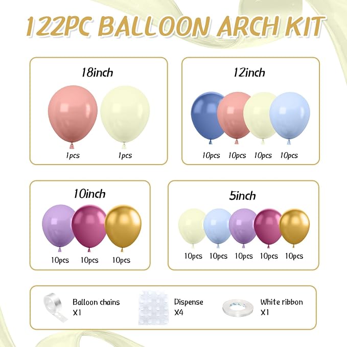 Pastel Balloon Arch Kit,122Pcs Pink Blue Yellow Purple Metallic Gold Macaron Yellow Colorful Balloons for Boho Bridal Wedding Birthday Baby Shower Engagement Anniversary Graduation Party Decorations