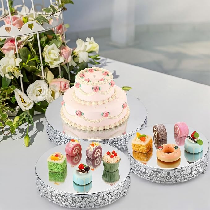 Wenqik 3 Pcs 16'' 14'' 12'' Metal Silver Cake Stand Round Cake Stands for Dessert Table Cookies Fruit Serving Tray Cupcake Dessert Pastry Riser for Wedding Birthday Party and Event(Traditional Style)