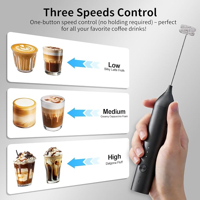Milk Frother Handheld Rechargeable, Hand Frother with Stand, Drink Mixer Frother Wand Electric Whisk Stirrer for Coffee, Latte, Matcha, Cappuccino, Hot Chocolate, Kitchen Gifts - Black