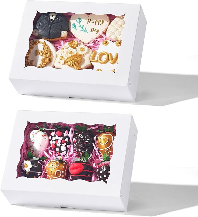 TEMLQPACK 12PCS Bakery Boxes with Window (8x5x2 Inch) for Chocolate Covered Strawberries, Cakesickle, Chocolate Truffle, Pretzel & More