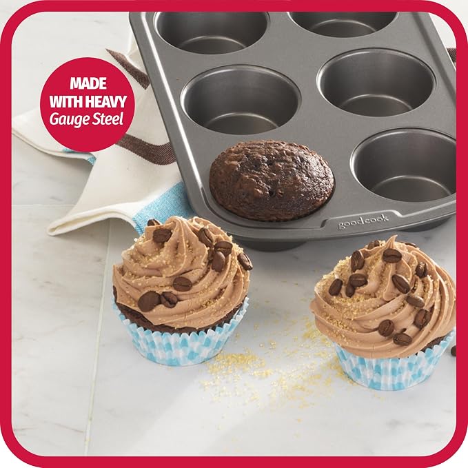GoodCook Everyday Nonstick Steel Muffin Pan, 6 cup, Gray (Pack of 12)