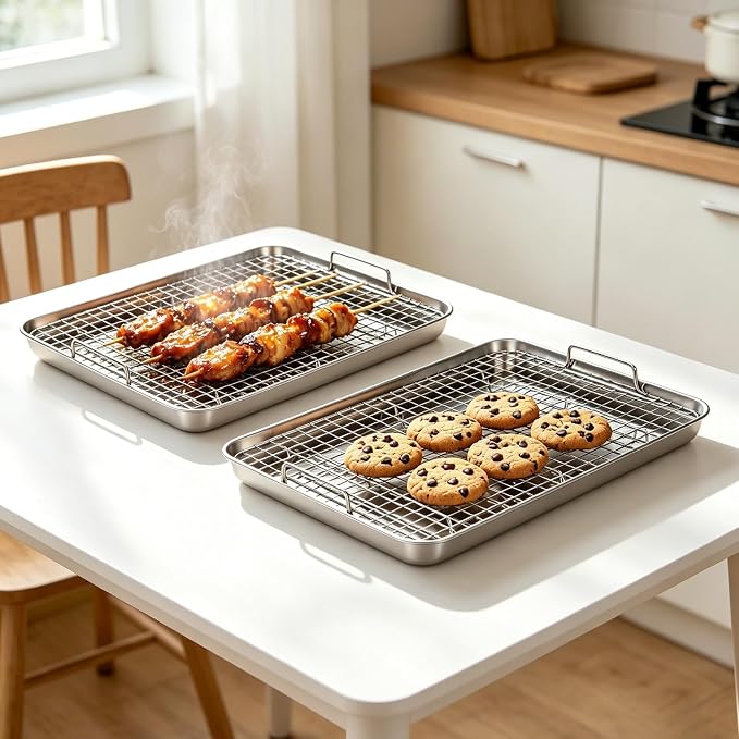 15.9" Large Stainless Steel Baking Sheet with Rack & Glove, Nonstick Baking Pans,Cookie Pan- Heavy Duty, Dishwasher Safe, Easy Clean(2 PCS)