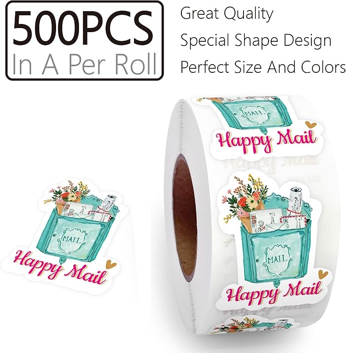 Happy Mail Stickers Labels (500pcs) Cute Thank You Boutique Packaging Mail Envelopes Small Business Roll