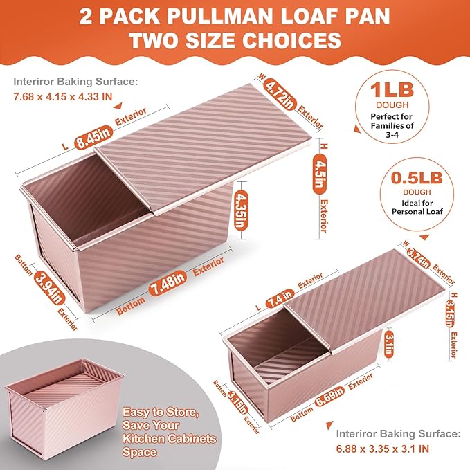 Pavsrmy 2 Pack Pullman Loaf Pan with Lid, 1 lb/0.5 lb Dough Capacity, Premium Non-Stick Sandwich Bread Loaf Pan with Lid, Carbon Steel Corrugated Bread Toast Box Mold with Cover for Baking