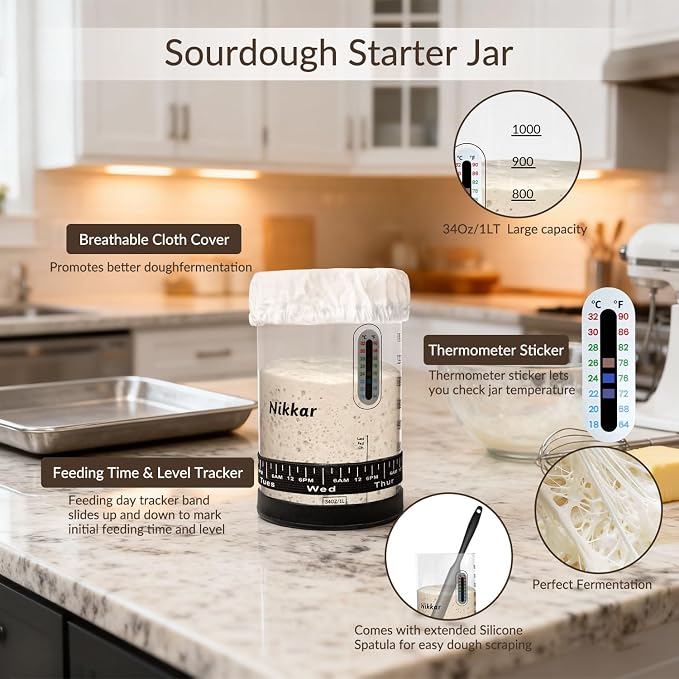 Nikkar Complete Sourdough Starter Kit with Bamboo Storage Rack Bread Basket | 12 Set Sourdough Bread Baking Supplies with Glass Sourdough Starter Jar for Bread Making Baking Fermentation