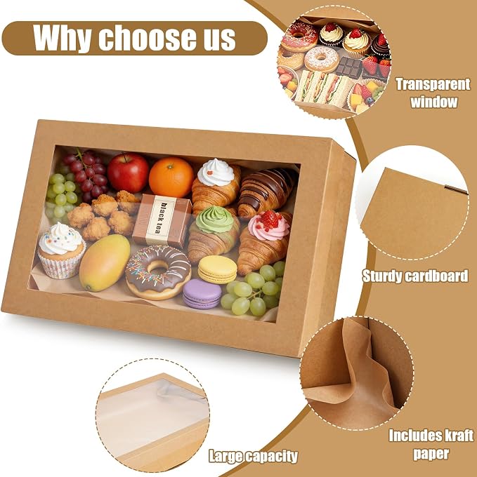 10 Pack Bakery Boxes with Window, 17.7x12.2x3.15 Inch Large Cookie Boxes, Cardboard Pastry Boxes, Take out Containers for Baking Pies, Cakes, Muffins and Pastries (L)