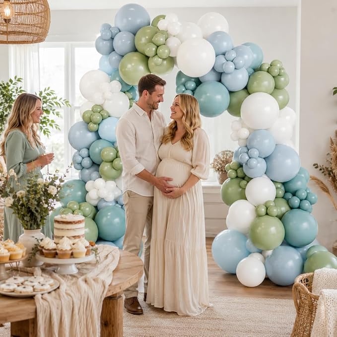 Dusty Blue Sage Green Balloon Arch Kit, Slate Fog Blue Dusty Olive Green White Balloons Different Size for Boho Baby Shower Bridal Shower Wedding Anniversary Neutral Birthday Woodland Party Decoration