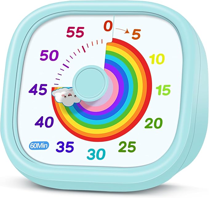 Visual Timer for Kids - 60 Minute Pomodoro Timers for Classroom Kitchen Office, Countdown Kids Timer Clock with Rainbow Disk, Desk Time Management Tool for Toddler with Silent Operation, Azure