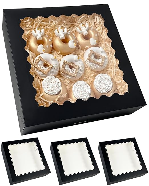 Bakepacker 20pcs Black Pie Boxes 12x12x3 inches Easy Assemble Macaroon Cookie Boxes Bakery Boxes with Window for Bakery (Auto-pop Up)