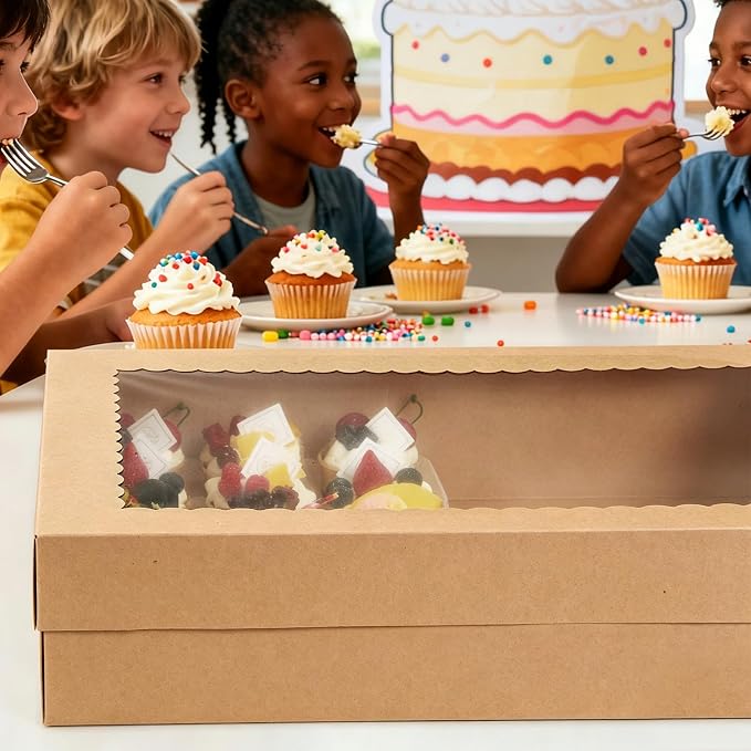24 Count Cupcake Boxes, 8 Pack White Cupcake Containers with Windows and Inserts, Disposable Cupcake Carriers for Muffins, Treats, Pastries, 19 x 14 x 3.9 Inches (Brown, 24Count /8Pcs)