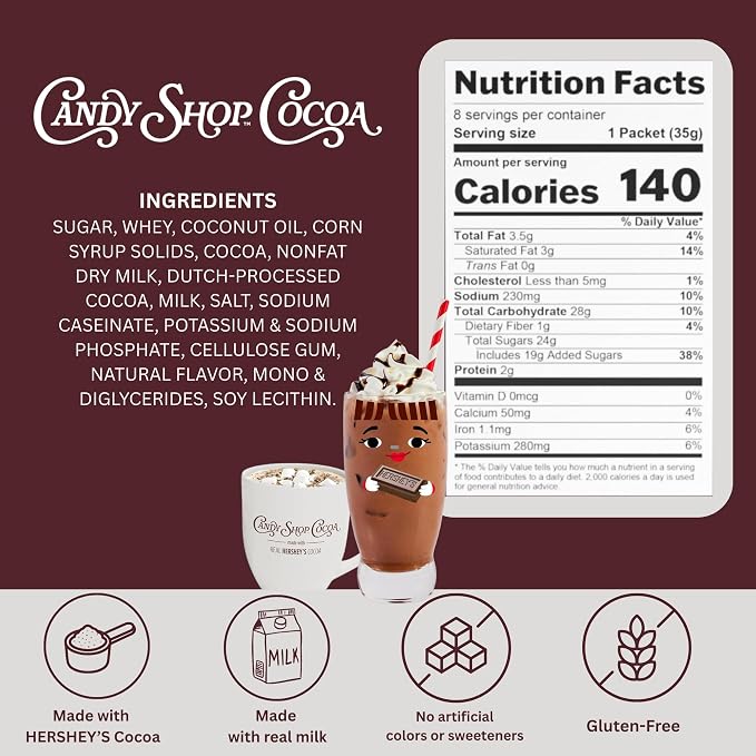 Candy Shop Cocoa HERSHEY’S Milk Iced Cocoa Mix, 1.25oz, 24 Pack | HERSHEY’S milk chocolate cocoa mix with rich, creamy chocolate flavor; just add water for smooth hot or iced drinks anytime