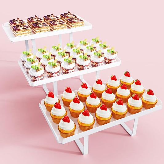 Bakzon 3 Pieces Cupcake Stand Holder, White Acrylic Dessert Table Display Set with Iron Support Legs for Birthday Candy Bar Décor Weddings, Parties Events
