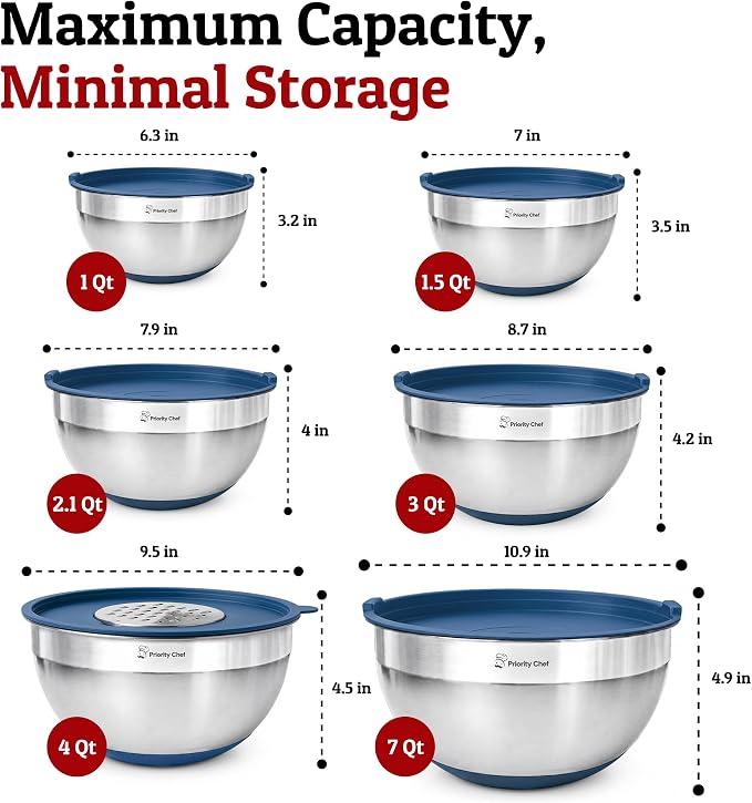 Priority Chef 6Pc Large Mixing Bowls With Lids Set with Non-Slip Bases, Stainless Steel Mixing Bowl Set, 6 Airtight Lids and 3 Graters, Blue | 6pc Non-slip nesting bowls 1-7 qt, 3 graters & interior measurement marks; for meal prep, baking & airtight f...