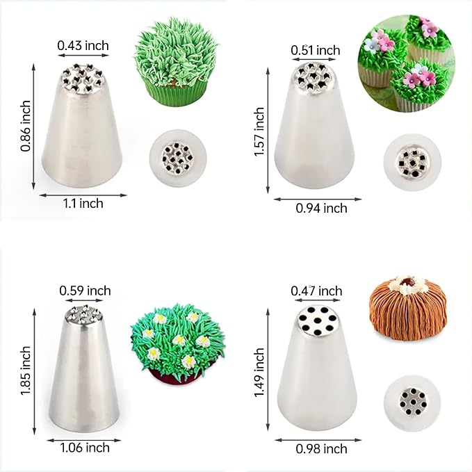 Grass Piping Tip Set – 4pcs Stainless Steel Cake Decorating Grass Tips, Pull Line Nozzles for Cakes Cupcakes Cookies Pastries Chestnut Puree, Buttercream Frosting Decoration Piping Nozzles