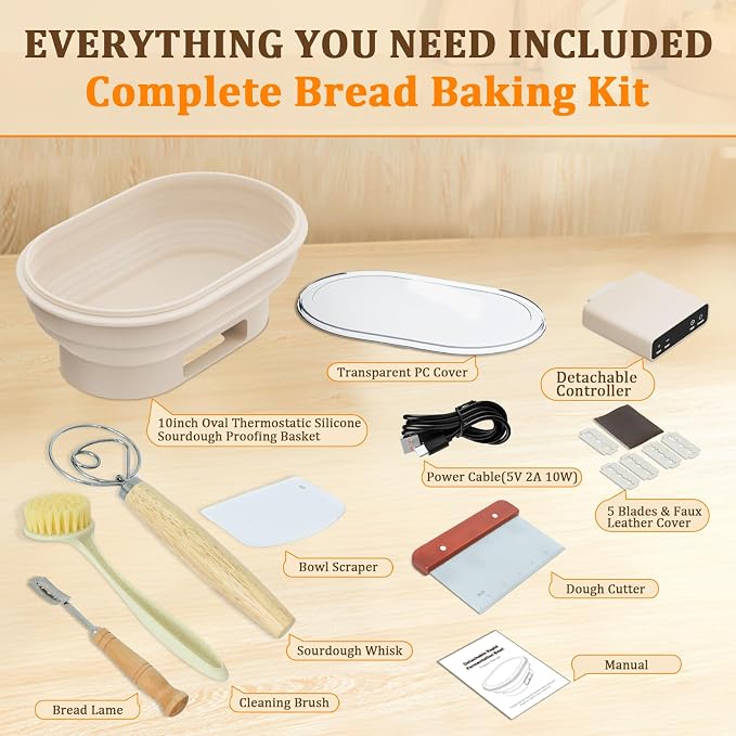 PChero Heating Sourdough Bread Proofing Basket with 6 Temp & Timer, 11" Oval Sourdough Starter Kit, Foldable Silicone Bread Bowl, Bread Baking Supplies