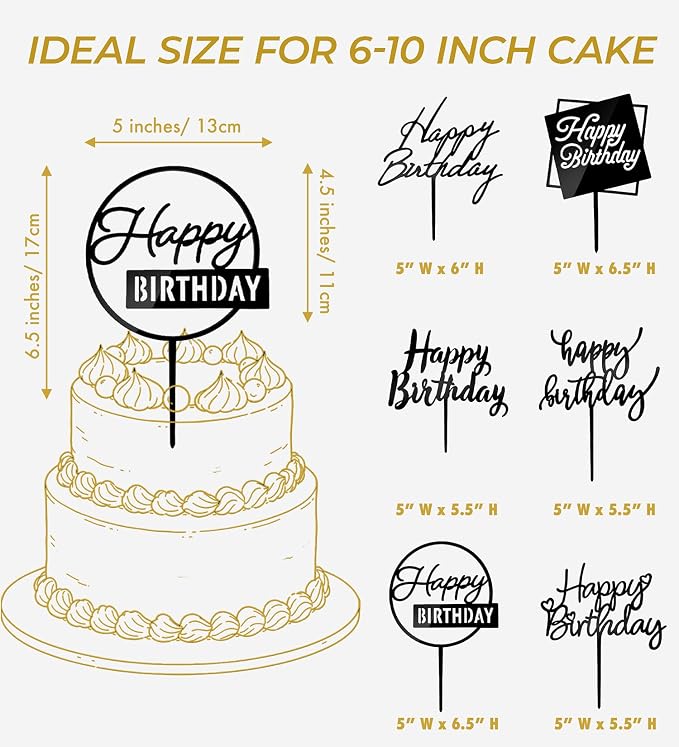 6 Pcs Black Happy Birthday Cake Toppers, 5" x 6.5" Acrylic Cake Decoration for Birthday Party