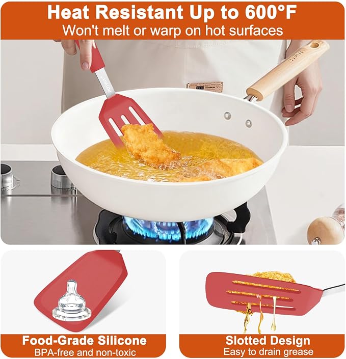 2 Pack Silicone Kitchen Spatula Set, 600°F Heat Resistant (Red) | BPA Free, Solid & Slotted Turner, Non-Toxic Cooking Utensils, Safe for Non Stick Frying Pan, Dishwasher Safe