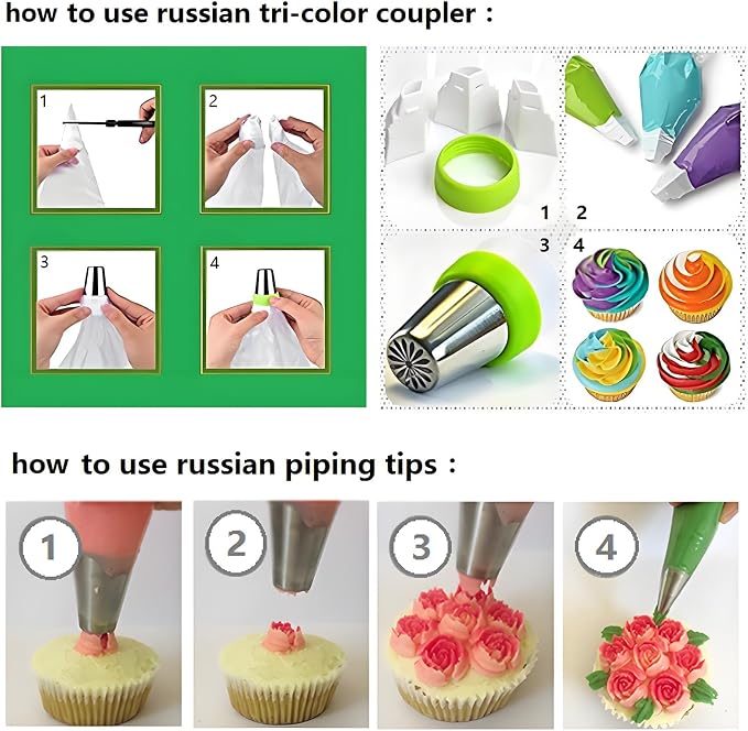 Piping Bags and Tips Set, 130 Pcs Baking Supplies | 48 Numbered Icing Tips, 7 Russian Tips, 1 Ball Tip, 2 Leaf Tips, 50 Pastry Bags & More for Cake Cupcake Decorating