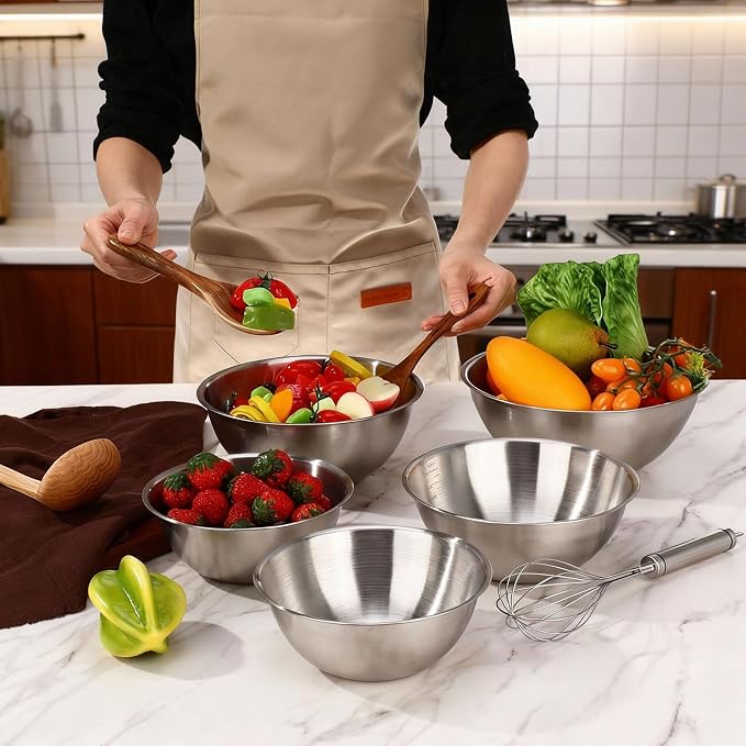 Honeydak 8 Pack Stainless Steel Mixing Bowls with Scale Meal Prep Bowls Dishwasher Safe Stainless Steel Salad Bowl Sizes 1.1, 1.6, 2.2 and 2.64 Qt for Kitchen Baking Cooking Prepping