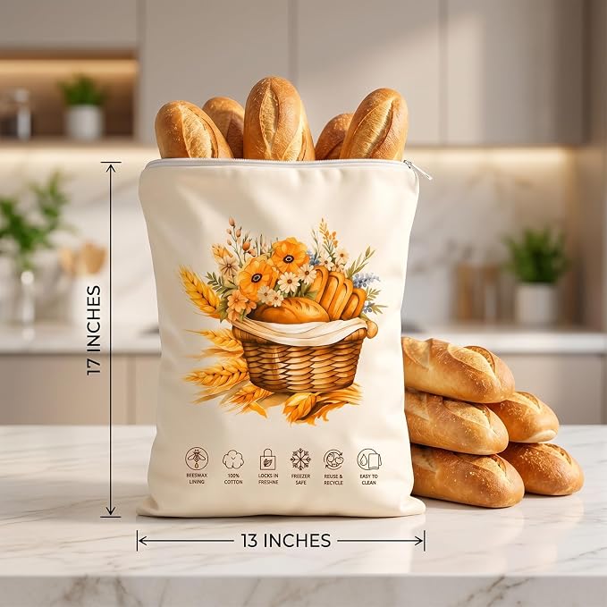 Reusable Bread Bags for Homemade Bread 2 Pack, L-shaped Zipper Beeswax Bread Bag for Easy Access, Keeps Bread Fresh Longer, Freezer Safe Breathable Cotton Beeswax Bread Bags for Sourdough