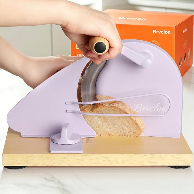 Brvclon Manual Bread Slicer Adjustable Thickness, Hand Crank Bread Slicer for Homemade Sourdough Bread with Scale Line & Suction Cup & Metal Guide,Quality Solid Wood Base & Gift-Level Packaging