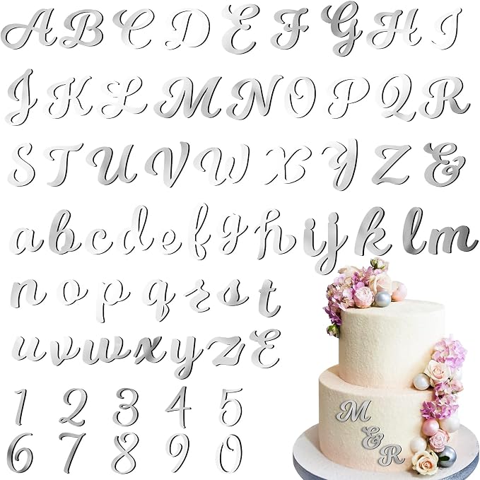 Jspupifip 64 Pcs Acrylic Letters Cake Alphabet Numbers Topper, Mirror Number 0-9 and Alphabet A-Z Personalized Cake Picks Decor Anniversary Wedding Baby Shower Party Supplies(Silver)