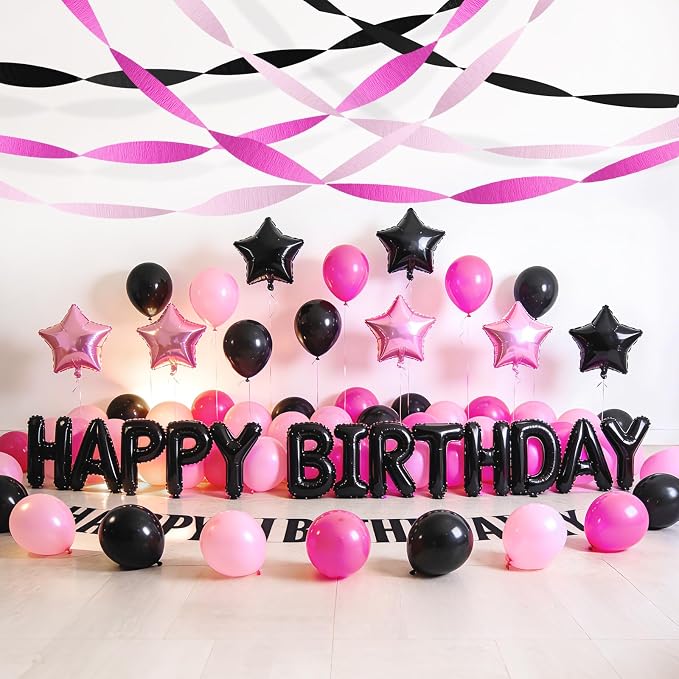 AOYOO Crepe Paper Streamers, 6 Rolls Light Pink Hot Pink and Black Party Streamers, Chic Pink and Black Party Decorations for Girls Birthday, Bachelorette, Sweet 16 and Y2K Party Supplies