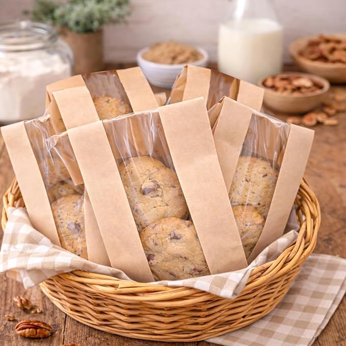 WIKDAY Bakery Bags with Window 100PCS Paper Cookie Bags Small Pastry Bags for Baked Goods Gift Giving Snack Treat Desert Packaging Storage Includes 100PCS Label Seal Stickers 3.5x2.3x7.5in