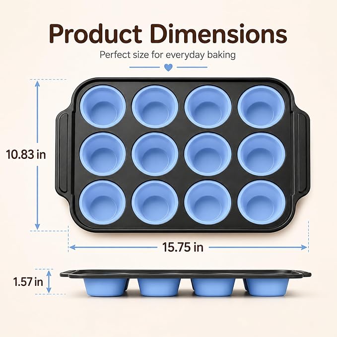 Silicone Muffin Pans for Baking with Metal Reinforced Frame, Muffin Tin Egg Bites Mold 12-Cup Regular Size, Nonstick Muffin Cups Tray Easy to Pop Cupcake Pan for Oven & Dishwasher Safe