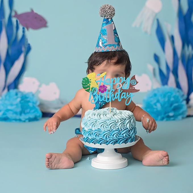1 PCS Moana Happy Birthday Cake Topper Glitter Palm Leaf Flower Moana Cake Pick for Tropical Hawaiian Luau Theme Baby Shower Kids Birthday Party Cake Decorations Supplies Blue