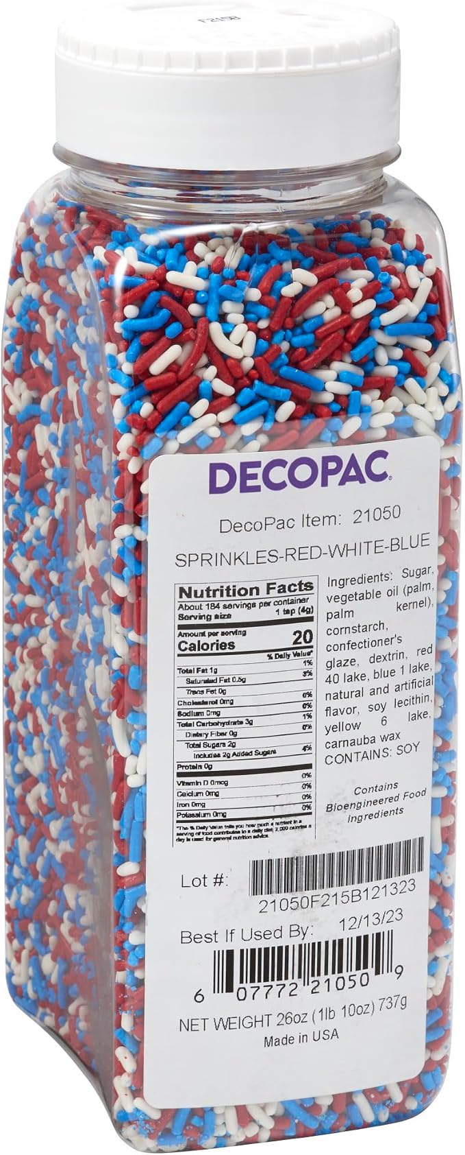 DecoPac Red, White, & Blue Sprinkles | Extra Large 26oz Pack | Cake Sprinkle Mix, Fancy Sprinkles For Cake Decorating, Handheld Container, Candy Sprinkles, Cake Sprinkles - Red, White, & Blue