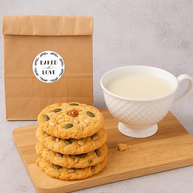 500pcs Baked with Love Stickers, 38mm/1.5 Inch Round White Red Heart Bakery Labels Sealing Packaging Stickers for Homemade Baked Goods Canning Jars Cookie Bags