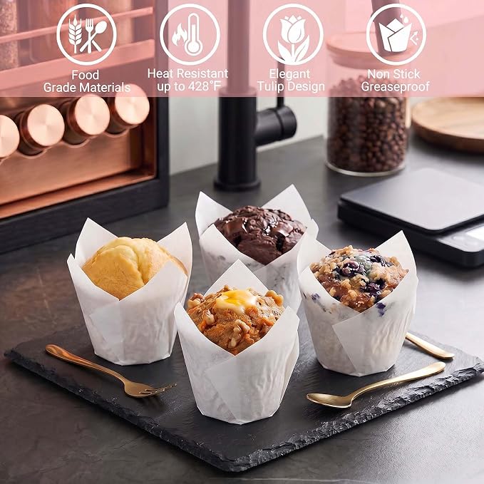 200 Pcs White Tulip Cupcake Liners for Baking, Standard Size | Standard Greaseproof Tulip Muffin Liners for Baking, 3oz White Paper Cupcake Wrappers for Party Wedding Birthday