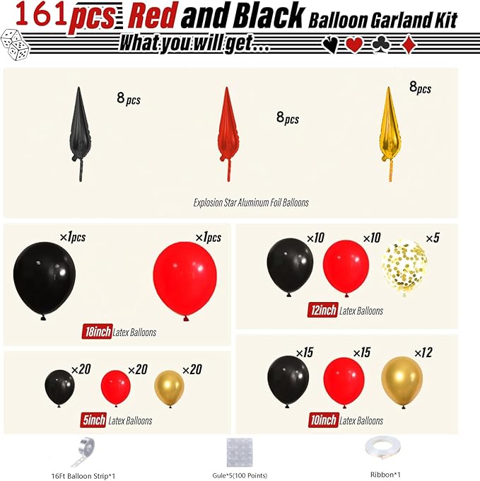 Bonropin 161pcs Red Black and Gold Balloons Garland Arch Kit with 5/10/12/18in Red Black Gold Balloons Explosion Star Balloons for 2025 Graduation Anniversary Casino Wedding Birthday Party Decorations