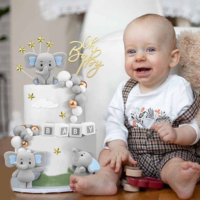 Yinder Bear Cake Toppers Mini Bear Cake Decorations Cake Toppers Gold White Pearl Ball for Birthday Party Decorations(Gray,Elephant Style)
