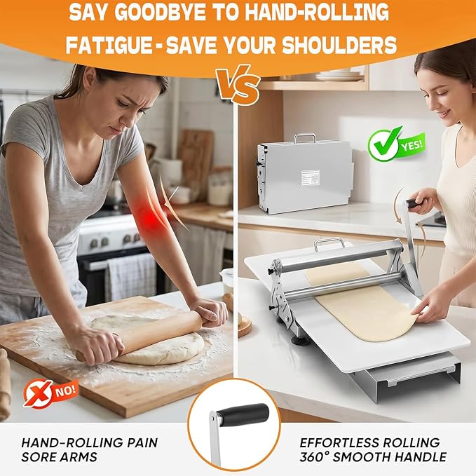Dough Roller Machine, Manual Dough Sheeter, Portable Foldable Pastry Roller Stainless Steel, 0-27mm Adjustable Thickness, with Press Panel, Perfect for Bakery, Pizza Shop and Home Baking