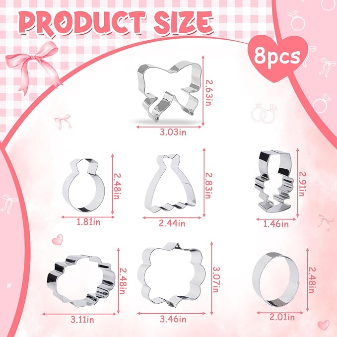 7 Pieces Bow Knot Bridal Shower Cookie Cutters Set - Stainless Steel Cookie Biscuit Cutting Molds for Women Diamond Ring Wedding Dress Wedding Party DIY Craft Home Baking Supplies