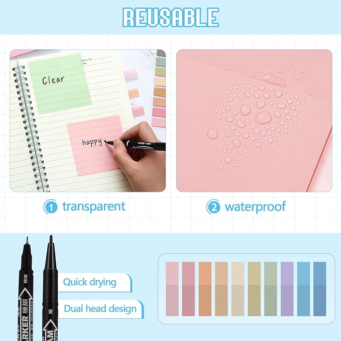 Jutom 39 Pcs Aesthetic Book Annotation Kit Highlighter with Case Bag Gel Pen Transparent Sticky Note Taking Bible Supplies(Blue,Kawaii Style)
