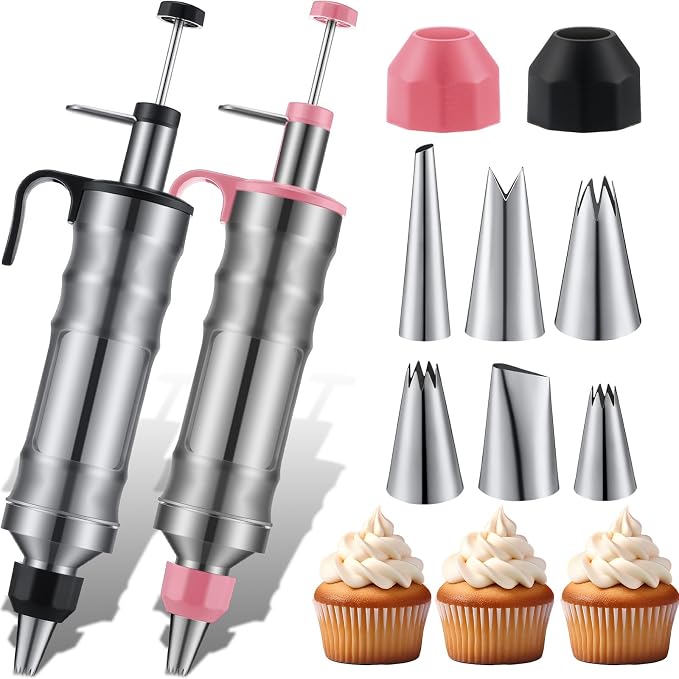 Uiifan 2 Sets Icing Decoration Gun Set Dessert Decorating Decorator Syringe Cake Decorating Tool and 12 Pcs Russian Piping Icing Nozzles Cupcake Filling Injector Cake Tool for Baking(Pink, Black)