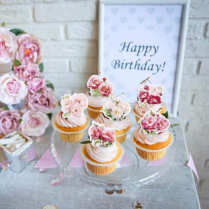 40Pcs Edible Peony Cupcake Toppers Peonies Flower Blossoms Cupcake Picks for Floral Mother's Day Bridal Shower Engagement Floral Wedding Girls Birthday Cupcake Decorations