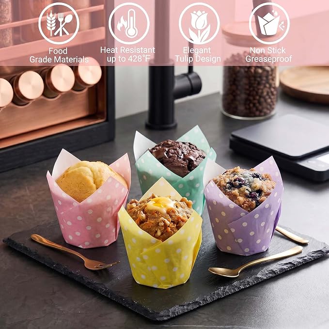 200 Pcs Pastel Tulip Cupcake Liners for Baking, Color with Polka Dot | Standard Greaseproof Tulip Muffin Liners for Baking, 3oz Paper Cupcake Wrappers for Party Wedding Birthday