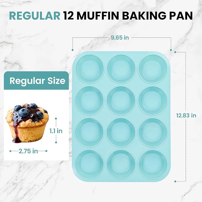 CAKETIME Silicone Muffin Pan, Regular Size 12 Cups Non Stick Cupcake Pan for Baking, Light Blue